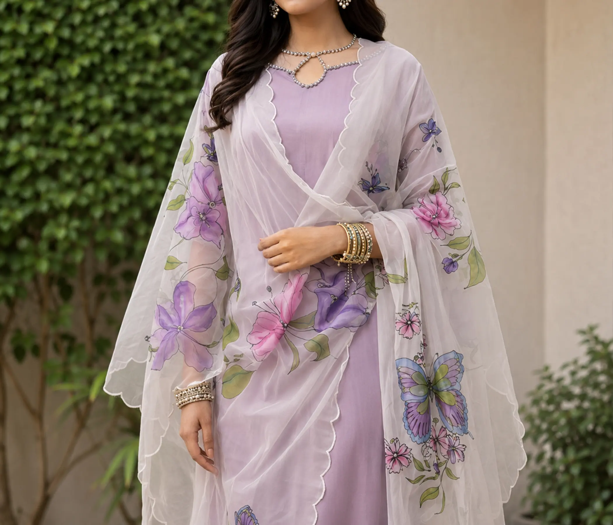 Lavender, Floral hand painted organza dupatta